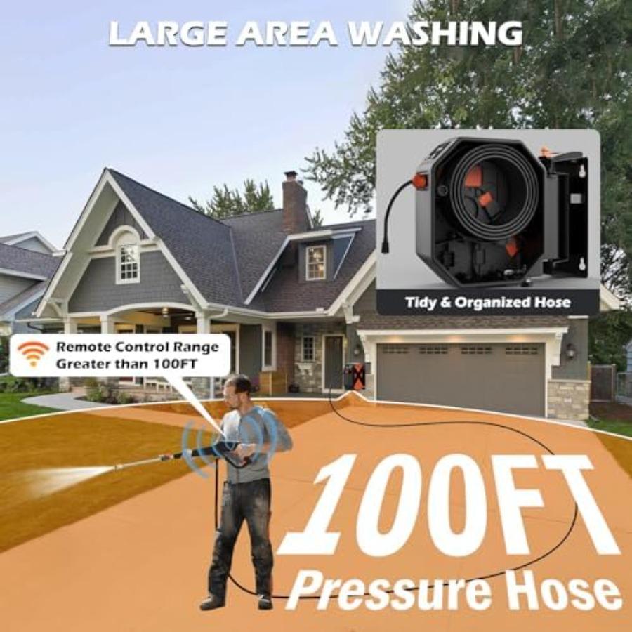 Wall Mounted Pressure Washer with 100FT Retractable Hose 5-Stage Adjustable Pressure Foam Cannon and 5 Nozzles for Car Lan