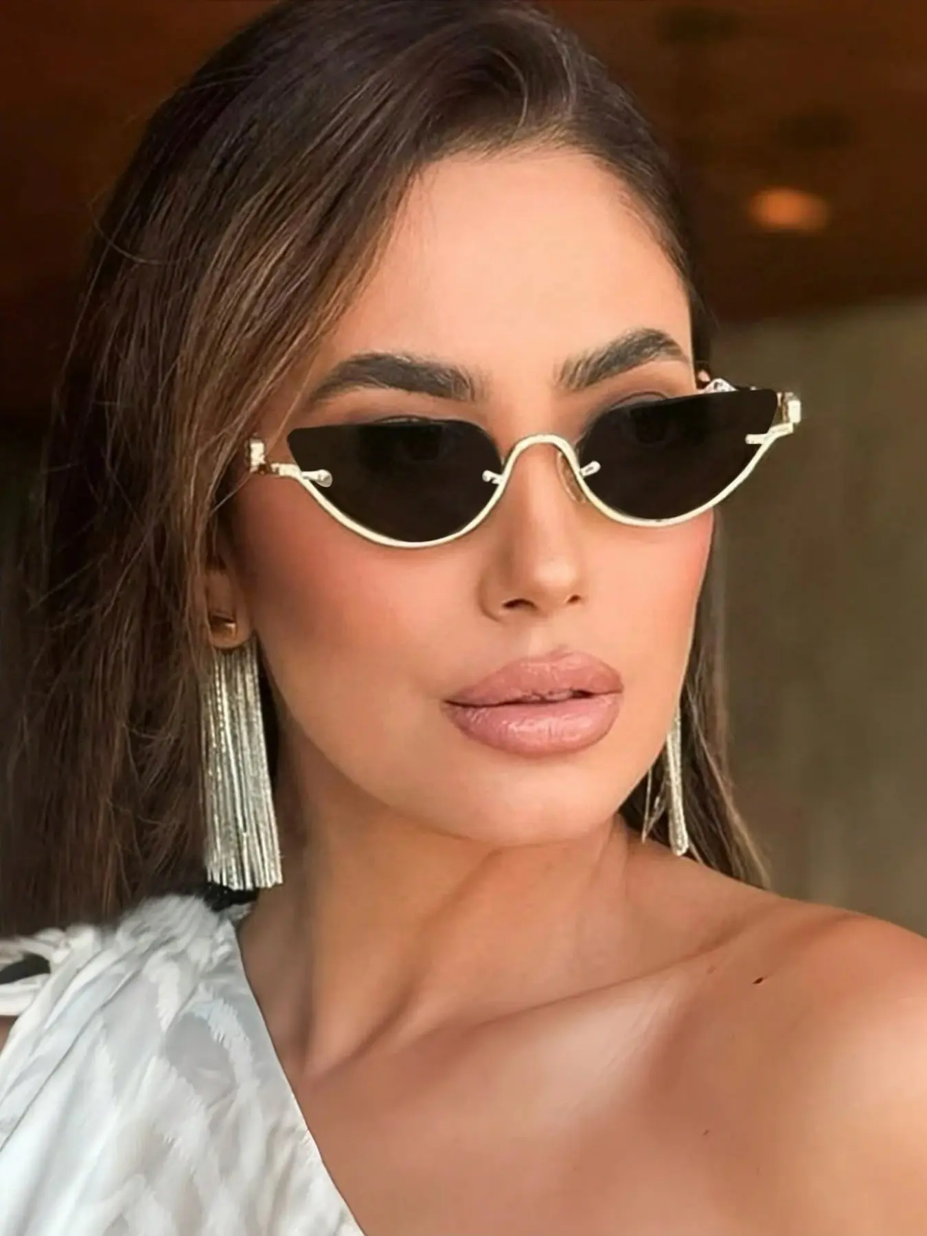 Women's Half-Rim Cat Eye Metal Fashion Glasses, Casual Outdoor Driving Travel Party Beach Accessories, Autumn Winter Business Gift, Trendy Styling Sunglasses