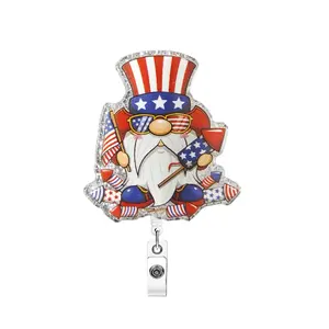 Acrylic Glitter Independence Day Gnome Dwarf Badge Scroll, 1 Count American Doctor Nurse Retractable Badge Scroll, ID Buckle for Office, Retractable Badge Holder, Nursing Badge Reel