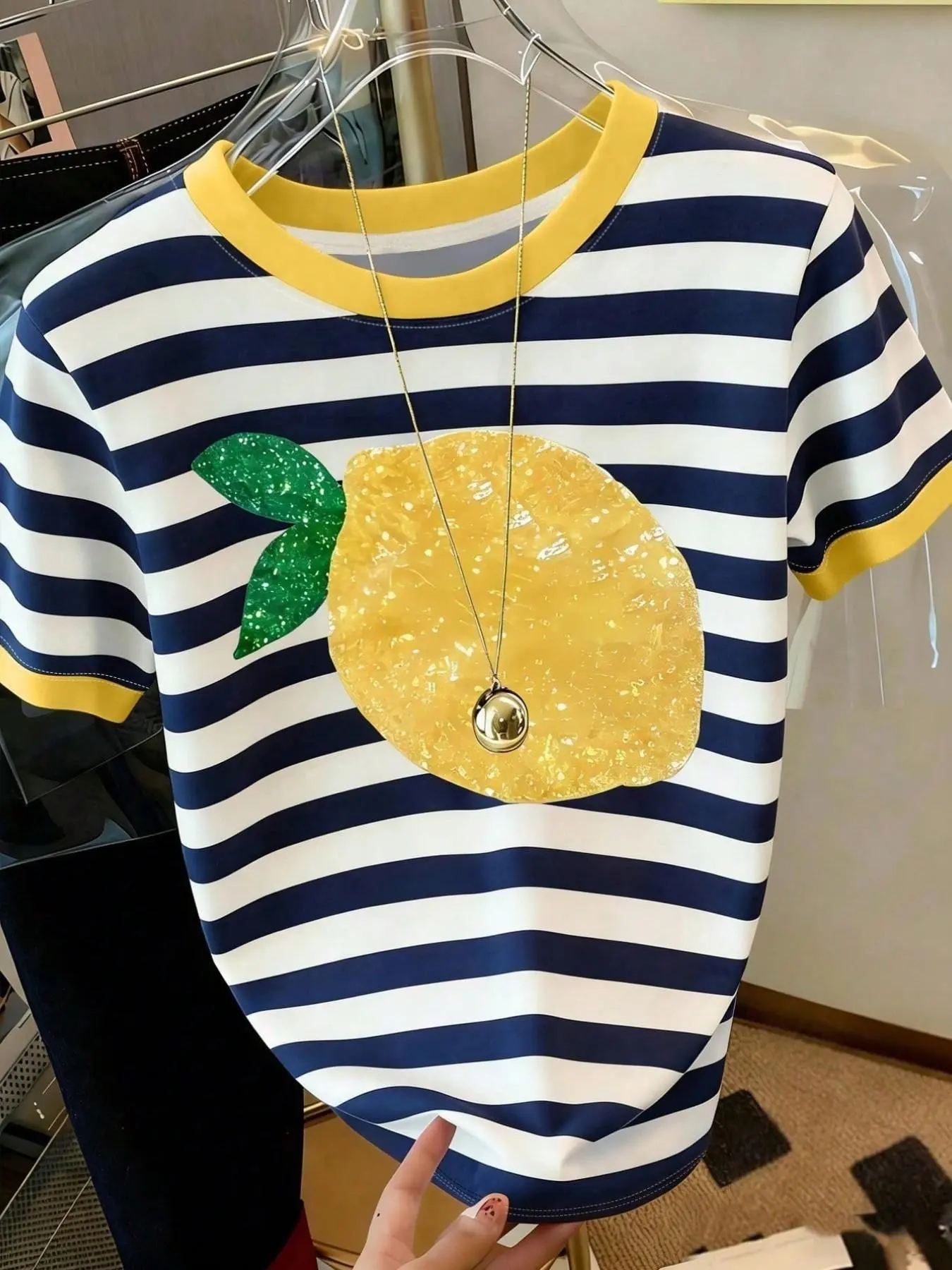 Summer New Design Casual Everyday Lemon Patchwork T-Shirt for Women, Blue Striped Colorblock Round Neck Short Sleeve Top, Fresh and Youthful Fashion