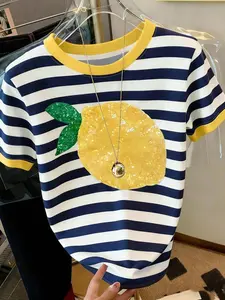Summer New Design Lemon Patchwork T-Shirt for Women, Blue Striped Colorblock Round Neck Short Sleeve Top, Fresh and Youthful Fashion