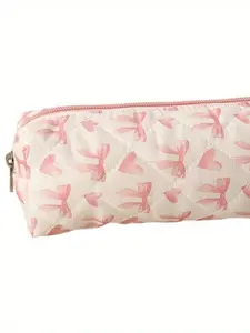 Cute Bow Pencil Case with Heart and Bow Pattern, Soft Fabric Texture, Durable Zipper Closure, School and Travel Organizer