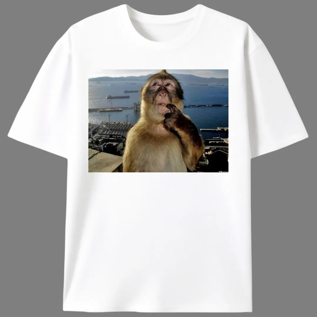 Men's Pure Cotton Stretch Knit Round Neck Short-Sleeve T-Shirt - American Retro Black Menswear, Thinking Monkey Meme Print, Foldable Fabric Casual Streetwear for Meme Enthusiasts (Valentines Day Option), Tshirt, Shortsleeve, Washed Look