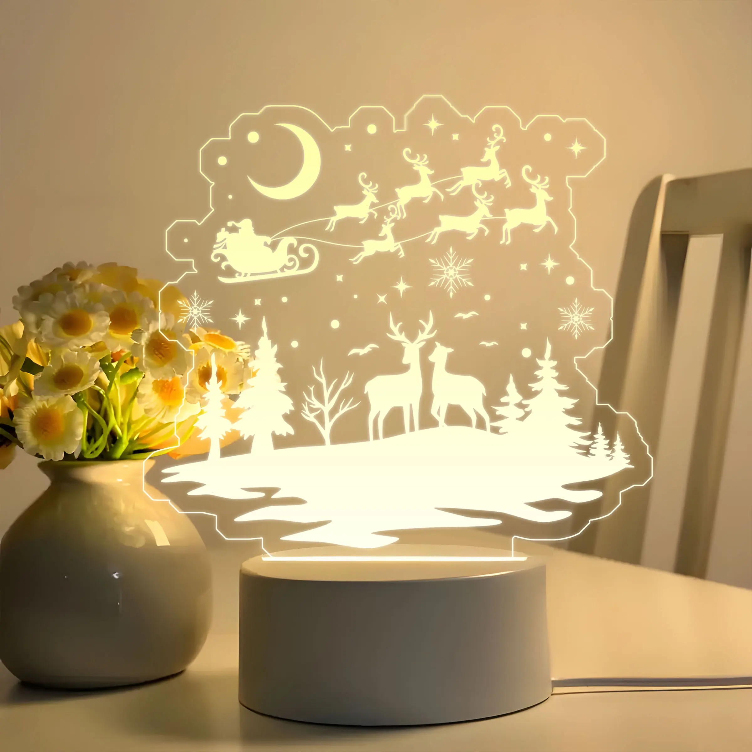 Acrylic LED Night Light, Forest Santa Claus and Deer Scene, Christmas Theme, USB Powered, Warm Light, Button Control, Perfect for Bedroom