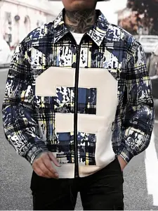 Men's Trendy Plaid Patchwork Shirt, Shein Vintage Distressed Zipper Design, Blue Grid Pattern, Loose Short Fit, Street Style