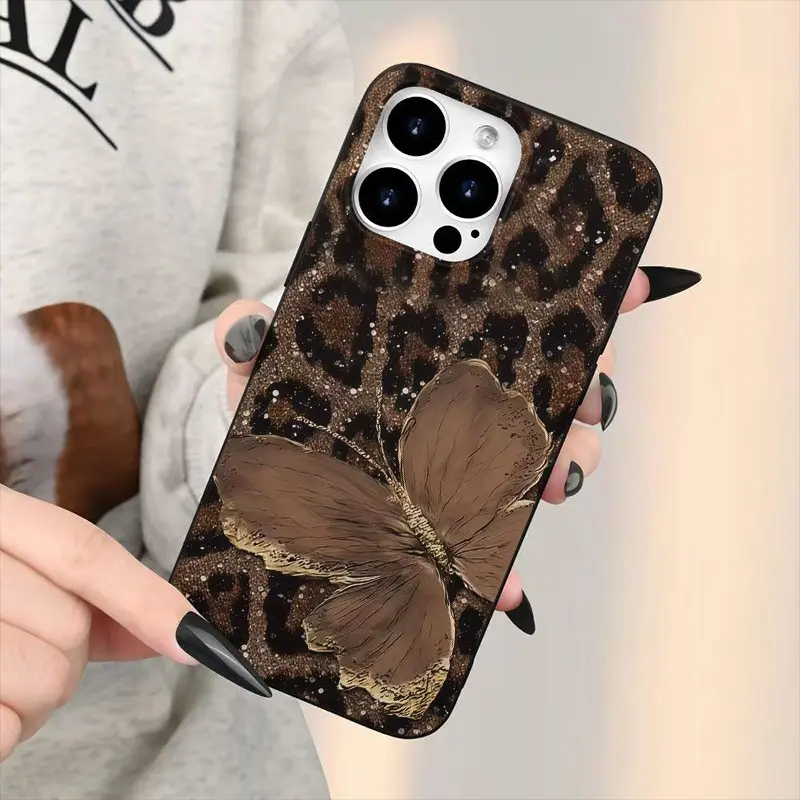 Liquid Large Hole Leopard Butterfly Pattern Shockproof Protective Phone Case Cover for iPhone 15 15 Plus 15 Pro 15 Pro Max 11-16 Promax Gift
