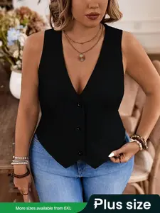 【Plus Size】 Solid Color Vneck Vest, Casual Basic Fitted Sleeveless Outerwear for Daily Wear, Women's Plus Clothing for All Seasons, Lady Elastic Basic Vest, Tops, Summer Womenswear, Black Button Front Vest, Blazer Vest, Casual Comfy Vest