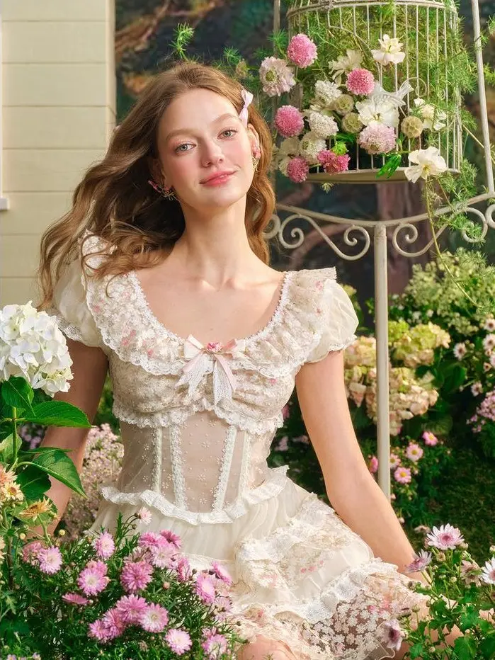 Star Flower Fairy Corset Dress - 3-Layer Exquisite Fabric, Vintage Floral  Embroidery, Multi-Layer Lace Ruffle Neckline, Puffy Skirt, Princess Puff  Sleeves, Short-Sleeve Option SwimWeek - TikTok Shop