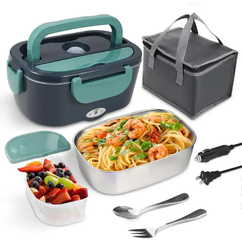 1.5L Heated Lunch Box - 12V/24V/110V Electric Travel Lunchbox, Insulated Portable Bento & Meal Prep Lunch Box, Stainless Steel-Plastic Leakproof Container with Insulated Bag, Phone Holder Lid, Silicone Parts for Camping, Road Trip