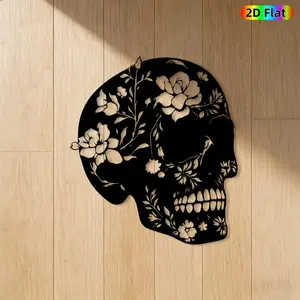 [Floral Skull Metal Wall Art] 1Pc 2D Flat Floral Skull Metal Wall Art, Intricate Iron Floral Skull Mural, Ideal for Halloween, Day of the Dead & Gothic Decor Lovers, Perfect for Living Room Wall & Garden Fence, Unique Dark Aesthetic Home Decoration