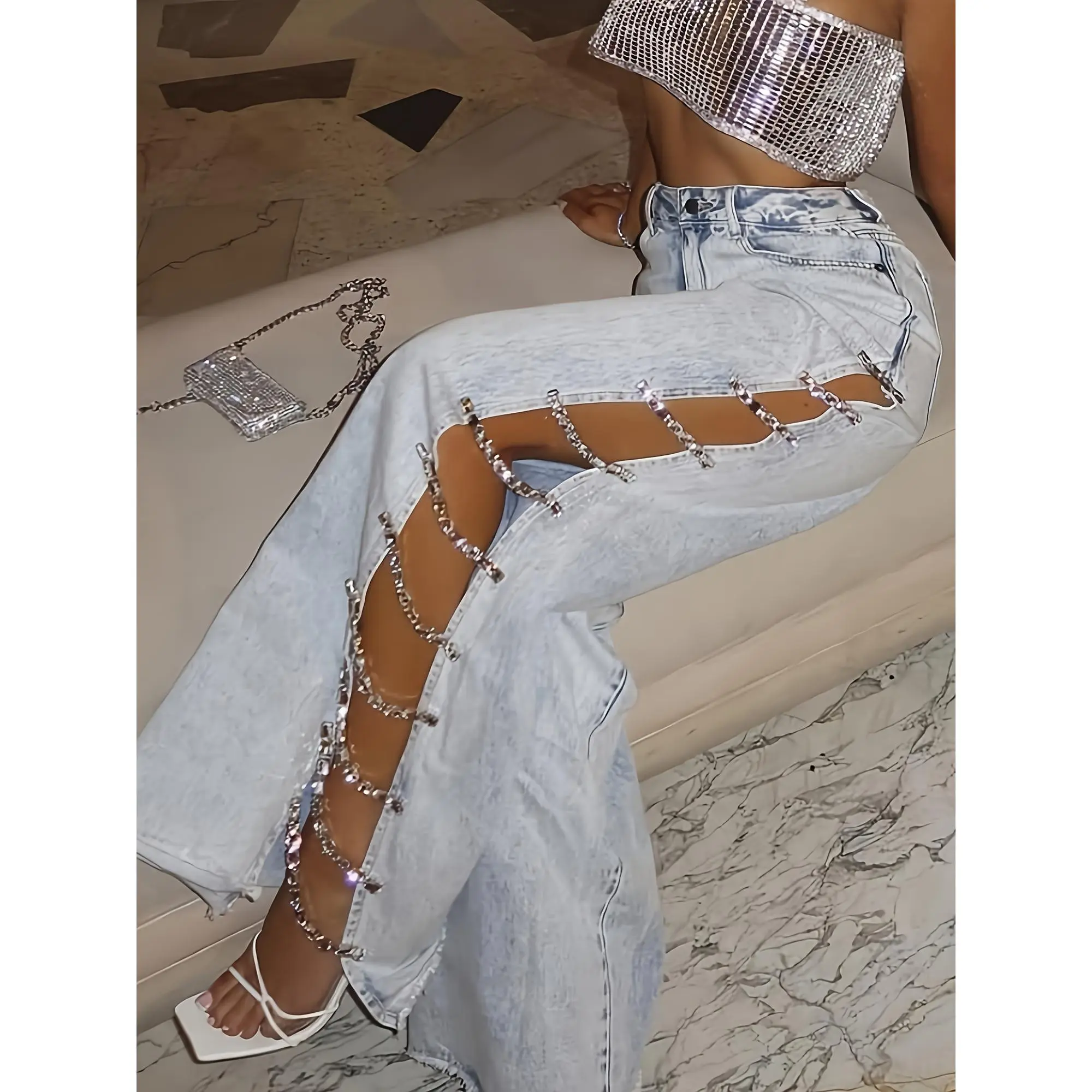 Women'S High-Waisted Loose Straight-Leg Jeans with Metal Chain Accent - Light Blue Vintage Wash Wide-Leg Trousers, Non-Stretch All-Season Streetwear Pants for Casual & Formal Outfits, Distressed Rhinestone Chain Ripped, Bodycon, Split Leg Denim Pants