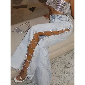 Women'S High-Waisted Loose Straight-Leg Jeans with Metal Chain Accent - Light Blue Vintage Wash Wide-Leg Trousers, Non-Stretch All-Season Streetwear Pants for Casual & Formal Outfits, Distressed Rhinestone Chain Ripped, Bodycon, Split Leg Denim Pants