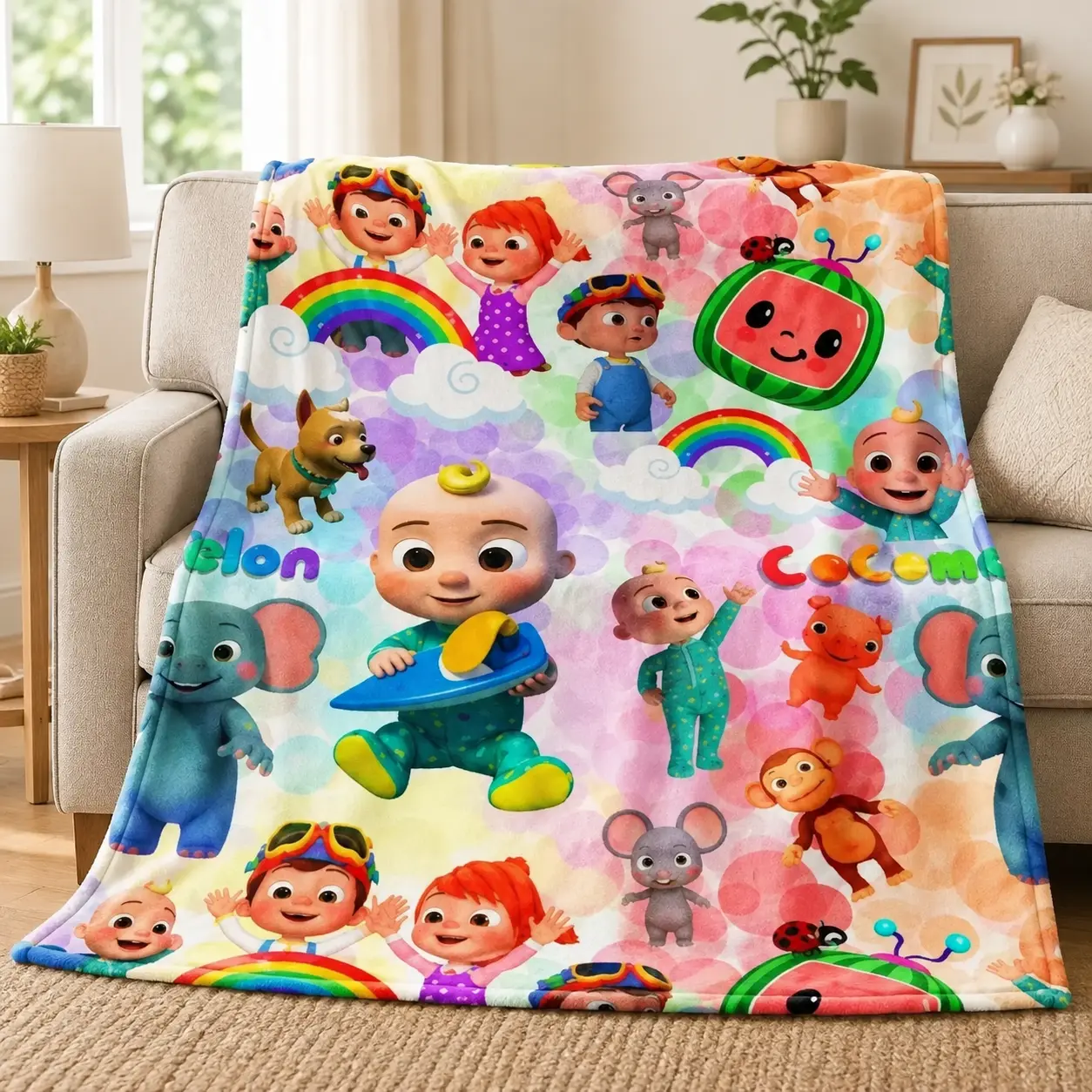 Cocomelon Rainbow Cartoon Children's Flannel Throw Blanket, Soft Warm Cozy Kids Blanket for Bed Sofa Travel, Cute Toddler Bedroom Decor, Christmas Holiday Gift for Cocomelon Fans