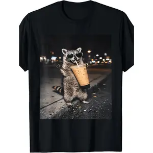 Raccoon Drinking Iced Coffee Funny T-Shirt | Vintage Crew Neck, Slight Stretch Fabric, Regular Fit, All-Season, Drawing Pattern, Perfect For Adults
