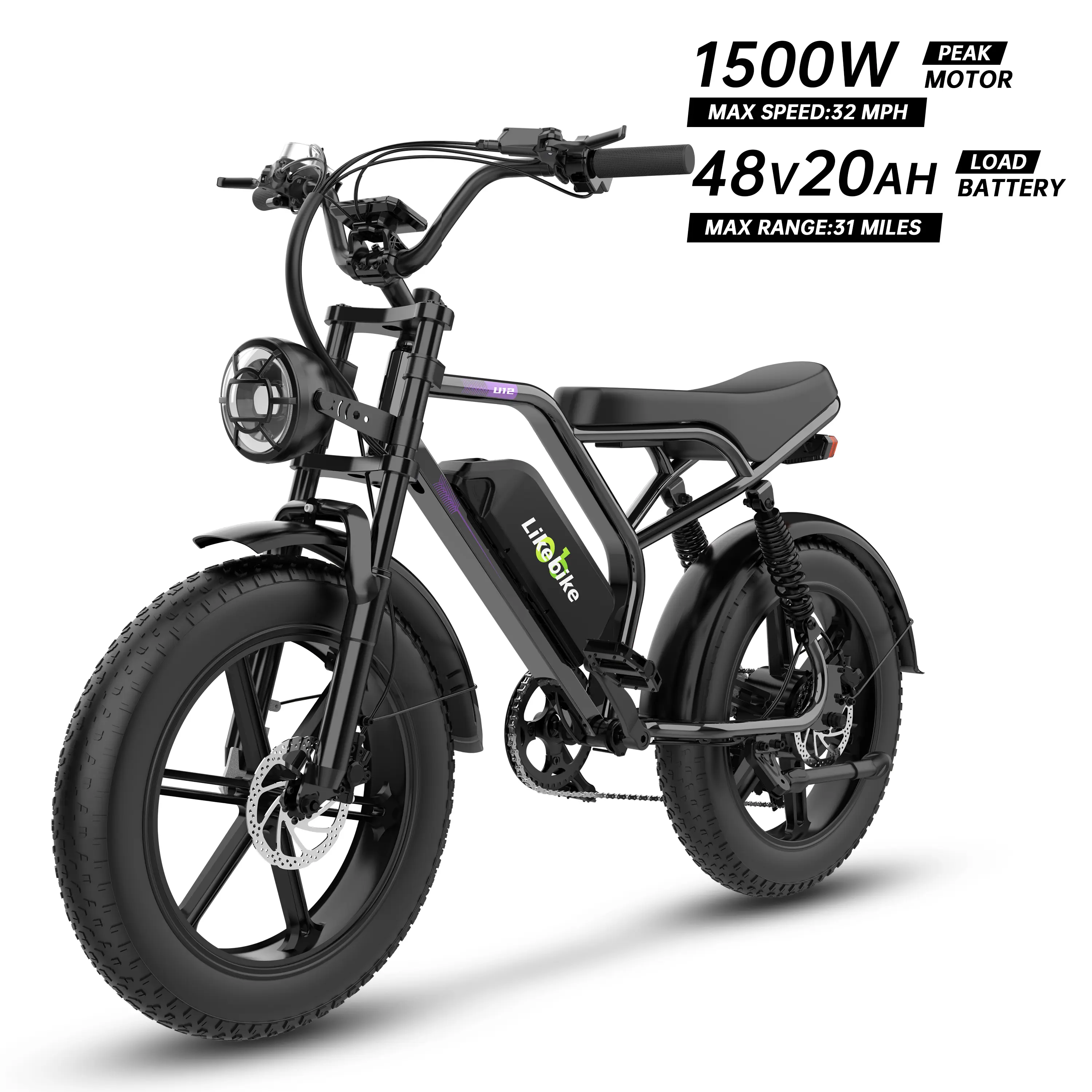 【Likebike UM1】All-Terrain 1500W Peak Ebikes - 28MPH, 45-75 Mi Range, 48V 20AH UL-Certified Removable Battery, Full Suspension, 20" Fat Tires, Hydraulic Brakes, LED Lights for Off-Road & City Use