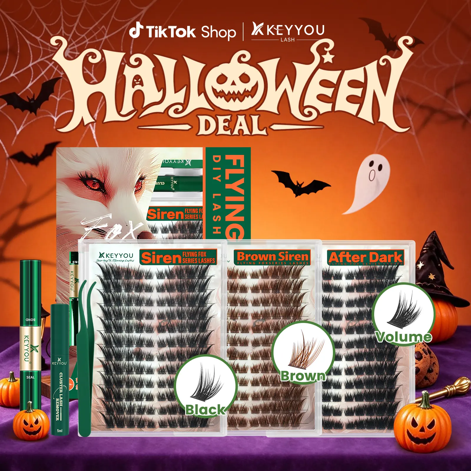 KEYYOU Siren Kit Flying Fox Cat Eye DIY Cluster Lash Extension Kit Volume Individual Lashes Waterproof Long-Lasting Self Application Eyelashes #Halloween Deal