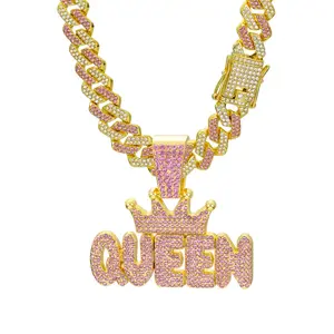 Women's Pink Diamond Crown QUEEN Letter Hanging Diamond Long Cuban Necklace Hip-hop Jewelry Elegant Versatile Gift for Mother's Day Valentine's Day for Women