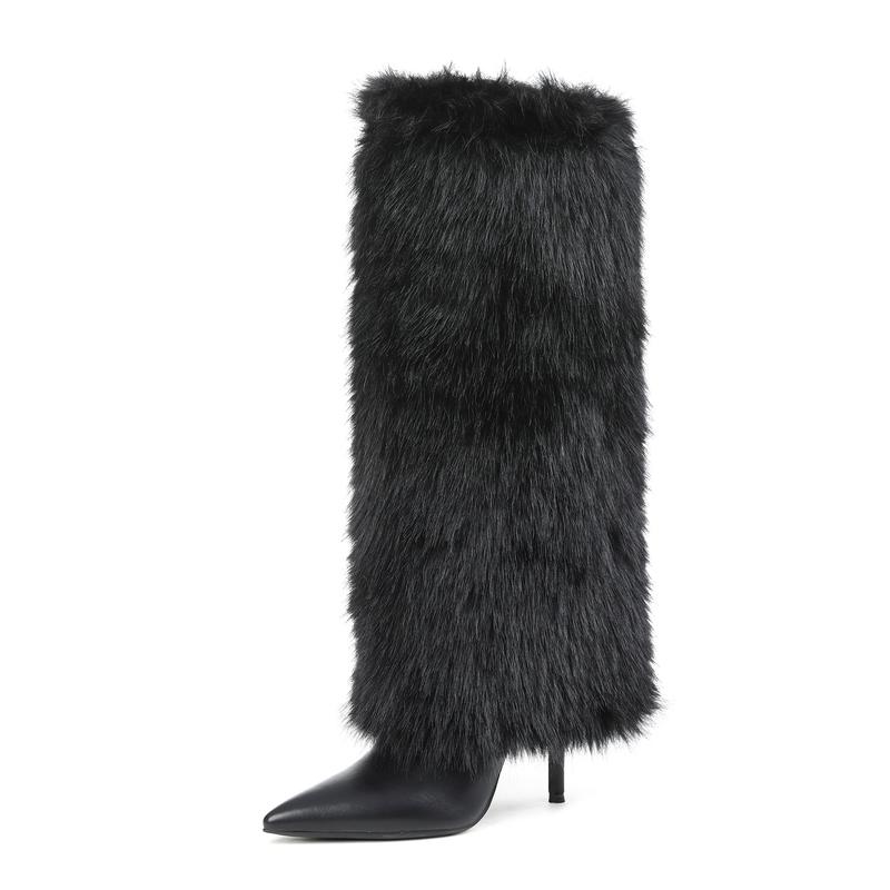 Womens Faux Fur Boots Winter Boots Knee High Boot Pointed Toe Stiletto High Heels Side Zipper Long Tall Wide Calf Pull On Comfy Christmas Party Elegant Nightclub Outdoor Fall Autumn Flurry Fuzzy Booties Fashion Shoes
