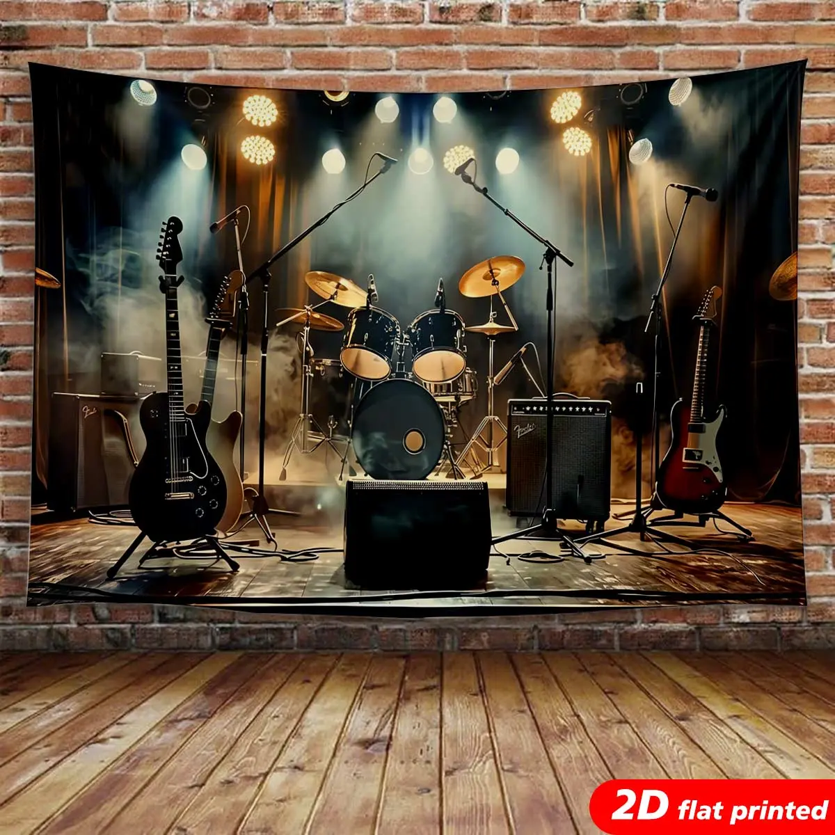 Polyester Rock Theme Stage Tapestry Wall Hanging - Light 2D Flat Printed Backdrop with Guitar, Drum, Microphone Music Design, Wrinkle Resistant, Easy Install, Machine Wash, Man Cave Room Art, Birthday Gift Idea, Leaf, High Detail, Happy Birthday, Syntheti