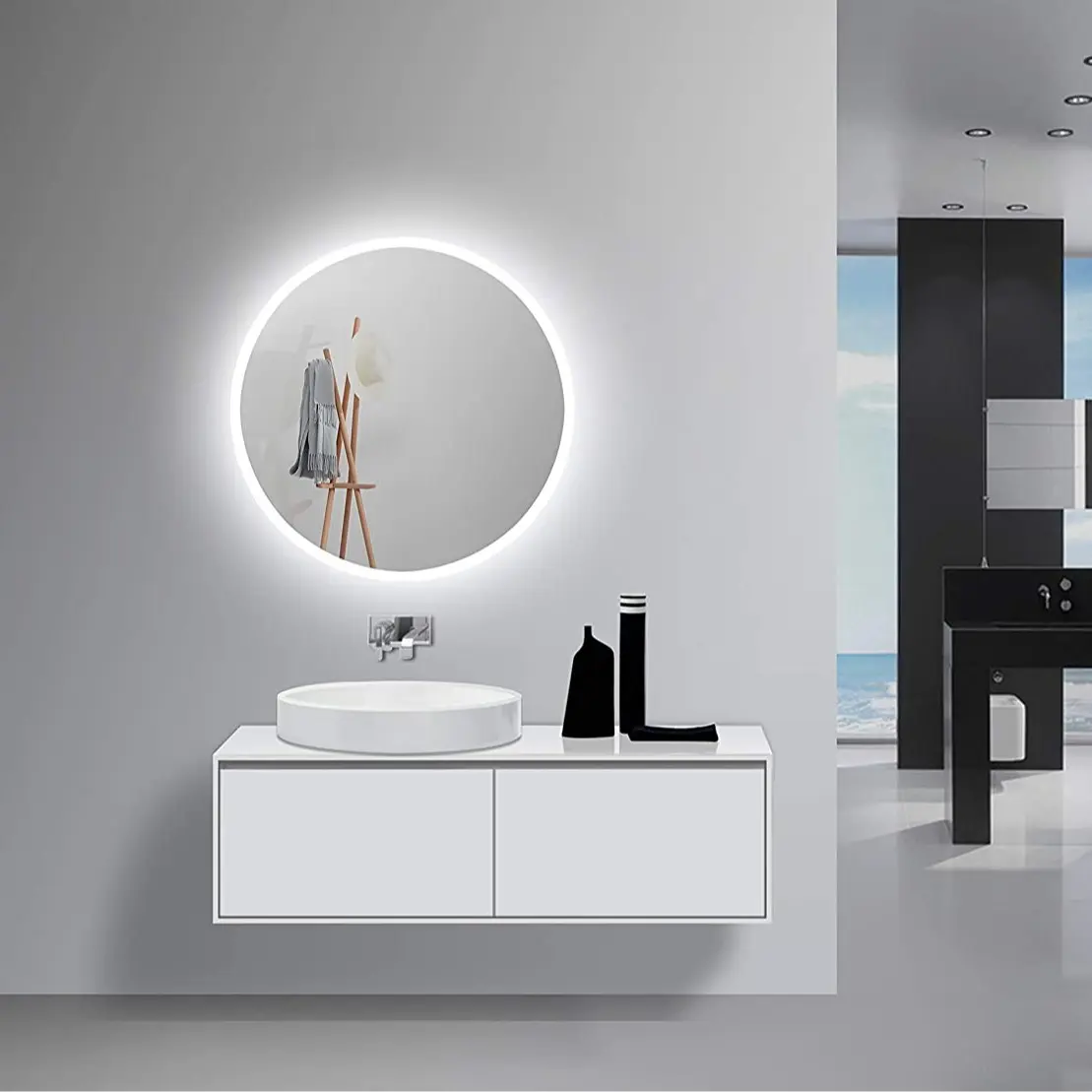 Lilac LED Bathroom Mirror 24" x 24", Round, Warm/Cool LED backlit, dimmable, splash-proof, rust-proof, infrared sensor switch