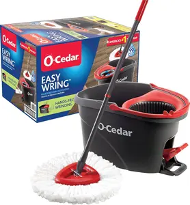 O-Cedar EasyWring Microfiber Spin Mop and Bucket Floor Cleaning System, Standard Size, Red and Gray, Ideal for Room and Vinyl Floors