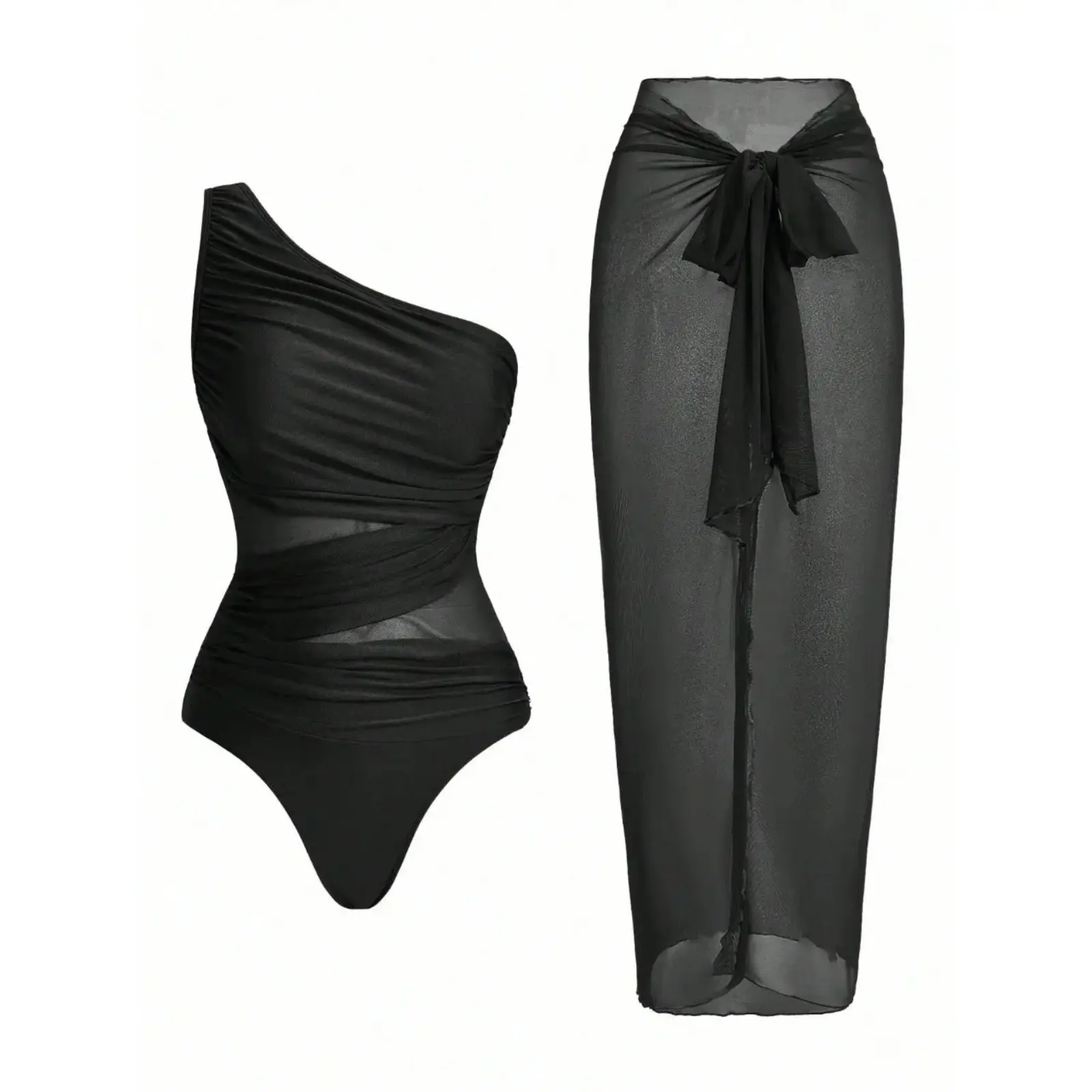 Trendy Two Piece Swimsuit Set One Shoulder One Piece with Mesh Beach Skirt Summer Swimwear