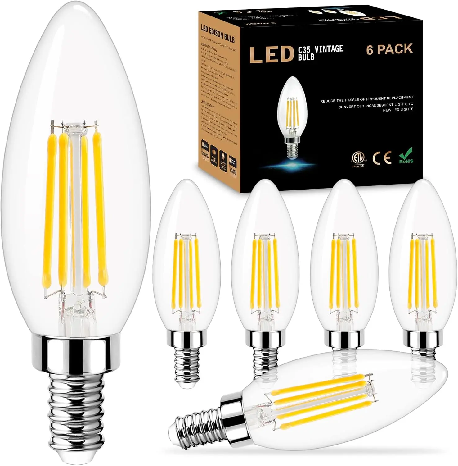 Dimmable E12 LED Bulb 40W Equivalent, 4000K Natural Daylight Candelabra LED Light Bulbs 4W, 400LM, CRI 85+, Type B Bulb, Clear Filament Candle Light Bulbs for Chandelier Ceiling Fan, 6 Pack