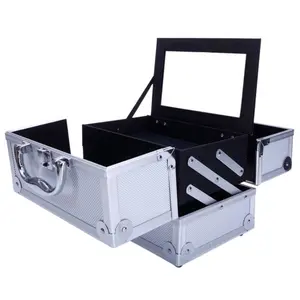 Aluminum Makeup Train Case Jewelry Box Cosmetic Organizer with Mirror 9"x6"x6" Silver