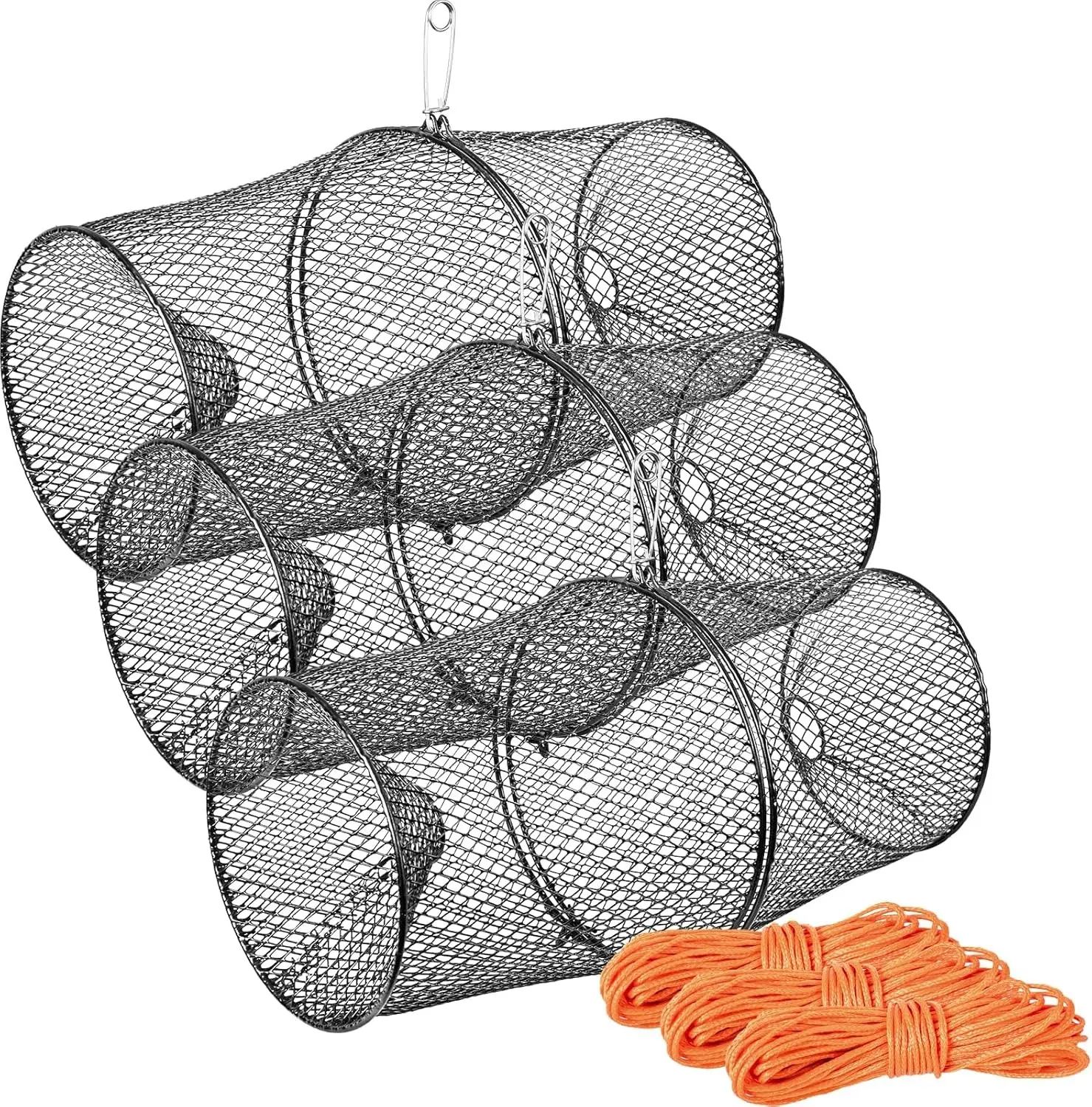 3-Pack Heavy Duty Steel Mesh Crawfish Trap with 14.5M Orange Rope, Spring Clip Fishing Trap for Crawdads Crayfish, Black