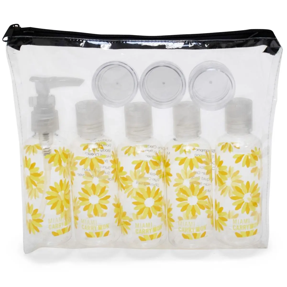 Miami CarryOn TRBT08DS 9-Piece TSA-Approved Plastic Airtight Storage Bottles & Jars Travel Set - BPA-Free (Daisies)