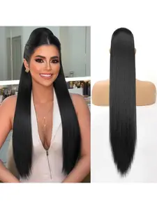 Real human hair ponytail extensions, wrap-around natural straight ponytail, women's real hair extensions, #1B Black