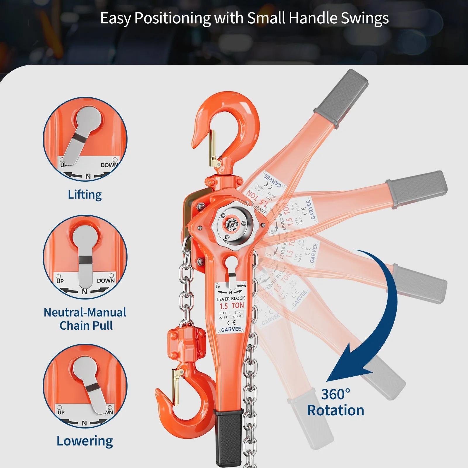 [NEW - FLASH SALE] Garvee Manual Lever Chain Hoist – 1.5 Ton (3300 lbs) Capacity, 10 ft Lift – G80 Galvanized Steel Chain, Weston Double Pawl Safety Brake, 360° Swivel Hooks, Portable Heavy Duty Lifting Hook for Garage, Factory, Dock, Warehouse