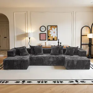 (3 Packs Shipped) 132" U-shaped Modular Sofa Super Comfortable Corduroy Cloud Sofa Double Recliner No Assembly Modern Living Room Furniture Boneless Sectional Sofa flexible configuration plus size piece