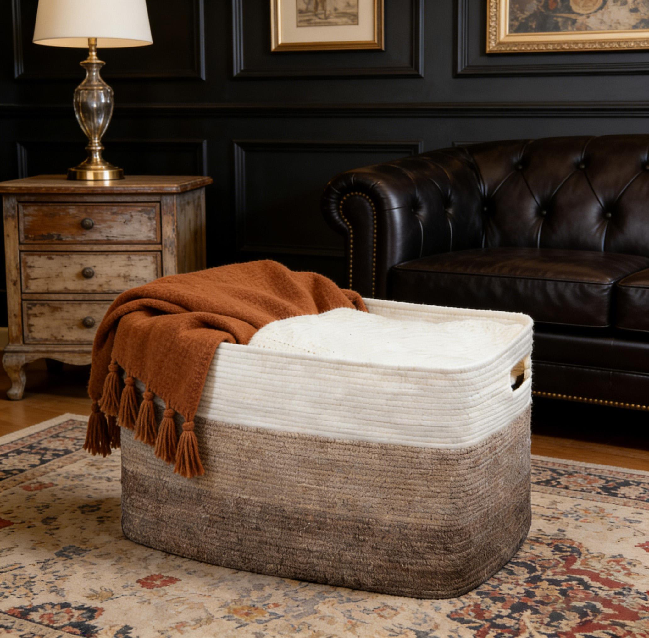 Large Blanket Basket, 21”X16”X12” Rectangle Woven Baskets Living Room Blanket Storage, With Handle Pillows, Blanket Organizing Area Dedicated Gradient Yellow Large Capacity Storage Basket