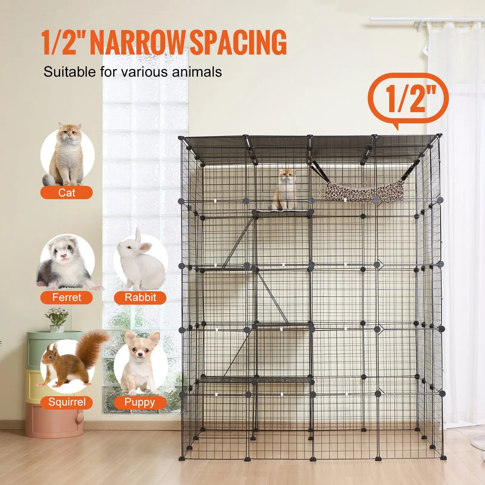 VEVOR 4-Tier Structure Metal Wire Cat Cage, 54 x 41 x 69 inches Collapsible Large Enclosure with Hammock & Zip Tie, Suitable for Ferret & Rabbit, Ideal for Outdoor Patio Use, Squirrel