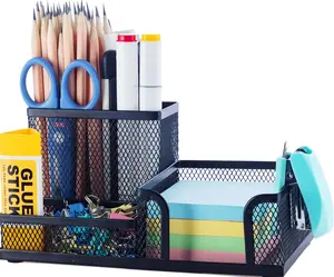 Mesh Pen Holder with Three Compartments & Sticky Notes Holder Durable Metal Desk Organizer for Office School Home