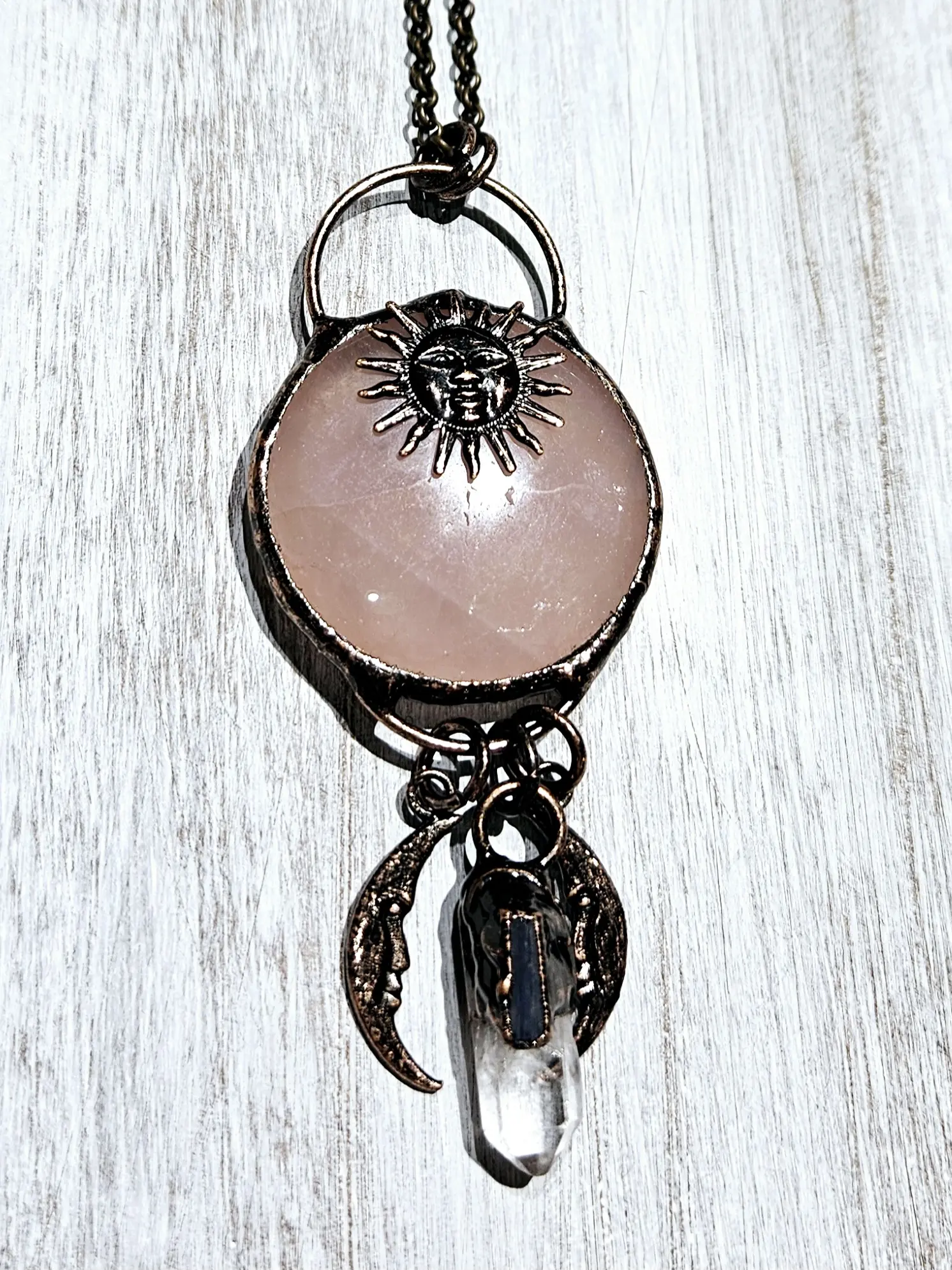 AB Rose Quartz, Clear Crystal Quartz Copper Necklace
