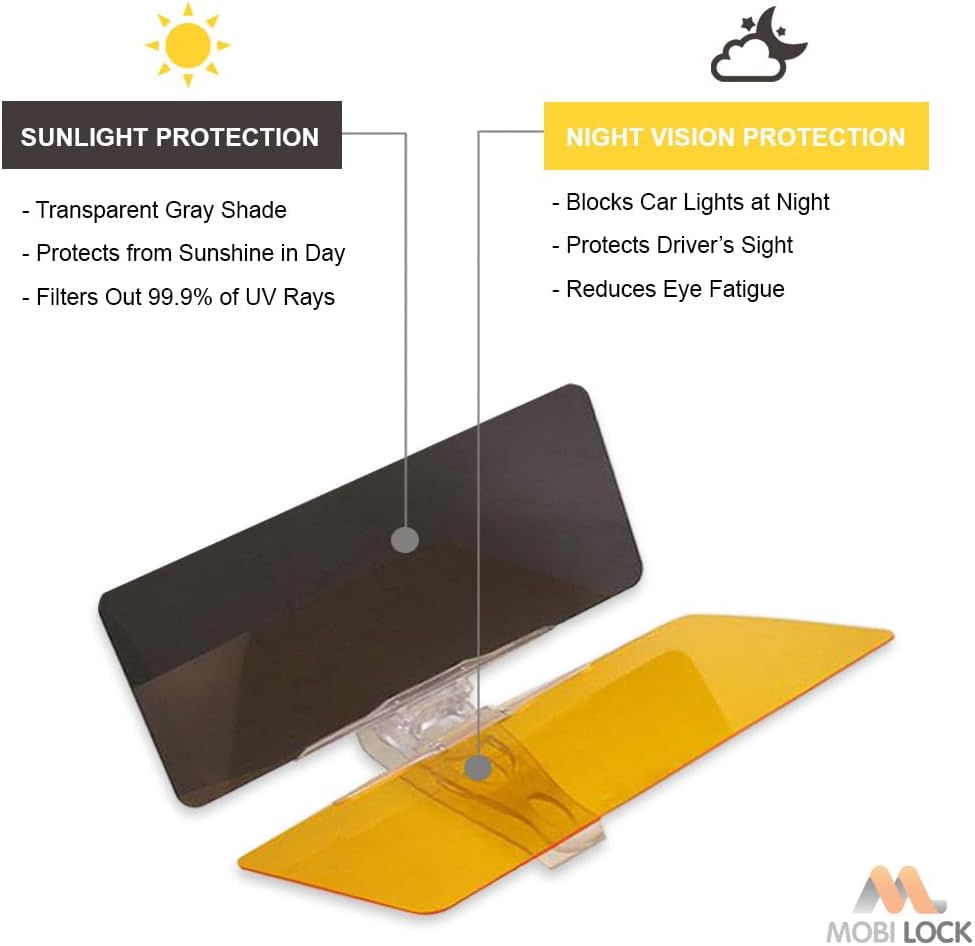 Car Sun Visor (Pack of 2), Tac Extension, 2 in 1 for Day and Night Anti-Glare, Anti Dazzle and Anti UV HD Automobile Windshield Visor by Mobi Lock
