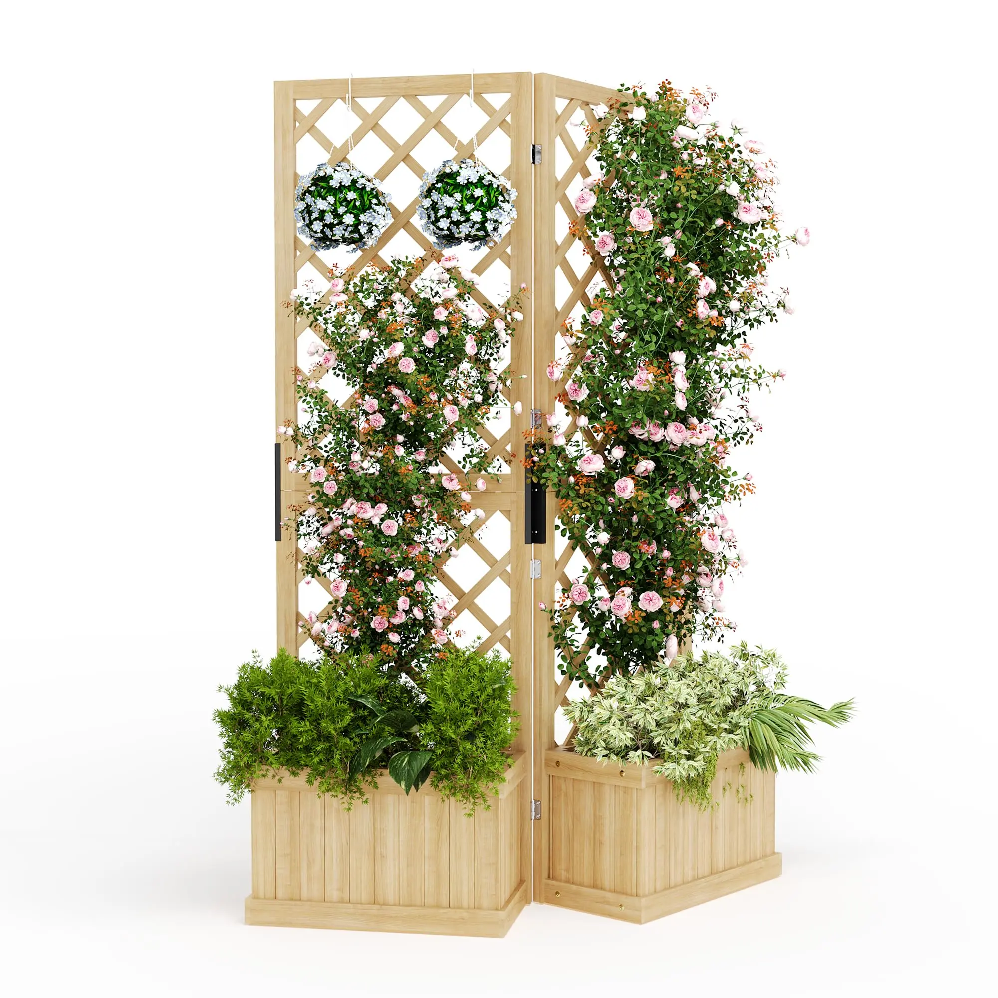 Freestanding Outdoor Privacy Screen, Self-Draining Planters/Raised Garden Beds with Trellis for Climbing Plants, 2/3 Hinged Panels for Hot Tub, Patio, Backyard, Cedar Wood, Plant Support