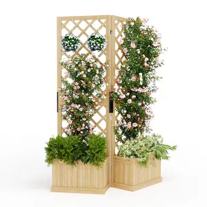 Freestanding Outdoor Privacy Screen, Self-Draining Planters/Raised Garden Beds with Trellis for Climbing Plants, 2/3 Hinged Panels for Hot Tub, Patio, Backyard