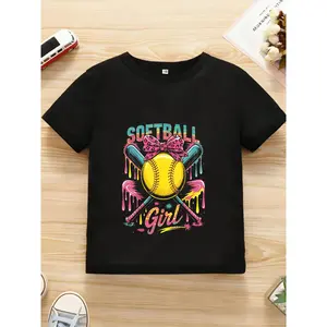 Softball Graphic T-Shirt - Black with Blue-Pink Gradient "Softball Girl" Lettering, Dripping Paint Design & Pink Bow/Crossed Bats - Casual Sporty Short Sleeve Round Neck Tee for Softball Players, Practice, Games & Casual Attire - Comfortable All-S
