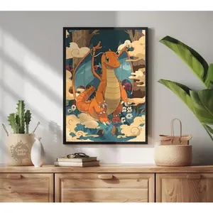 Dragonite Poster: Japanese Tapestry Style Pokemon Anime Poster - Printable Wall Art for Bedroom Decor, Dragonite Artwork
