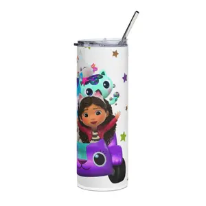 Gabby’s Dollhouse Child-Friendly Cartoon Water Bottle - 20 oz Stainless Steel Cup, Skinny Washable Reusable Portable Tumbler with Lid, Straw, Colorful Design