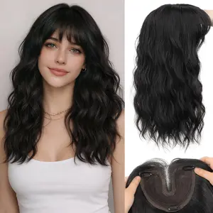 18 Inch Wavy Synthetic Hair Toppers for Women with Thinning Hair 6x5 Large Base Clip in Hair Toppers with  Bangs, T-Part Lace Crown Hairpiece for  Volume (Black)