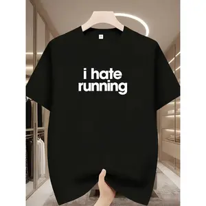 Men's Casual Fashion Single-piece T-shirt with "I Avoid Running Always" Lettering Design, Crew Neck Short Sleeve, Polyester Knit Fabric, Regular Fit, Suitable for All Seasons Everyday Relaxed Outfit