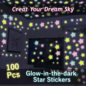 100Pcs Luminous Glow in The Dark Star Stickers Wall Decals Night Glowing Ceiling Decorations Fluorescent Wall Stickers for Bedroom Kids Room Nursery Home Decor
