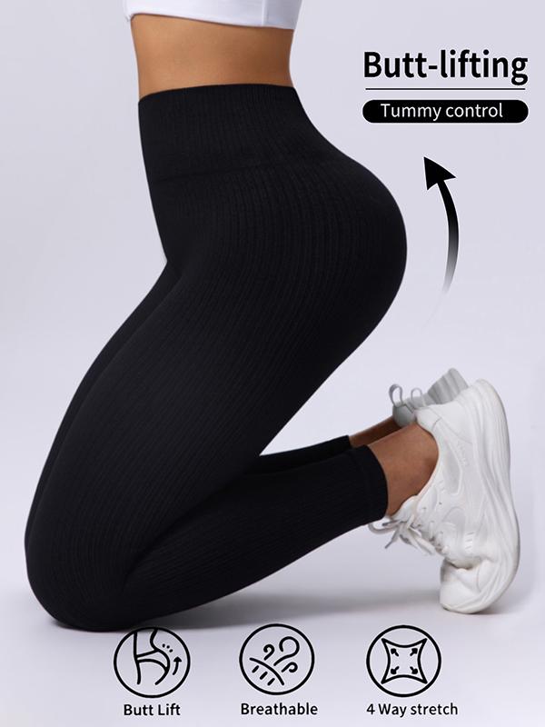 Fashion Candy Colors Women High-Waisted Butt-Lifting Tummy-Control Leggings, Soft Comfortable Breathable Elastic Ribbed Texture Sport Pants, Gym Workout Yoga Fitness Leggings, Suitable For Casual and Versatile Styles, Everyday Wear Must-Have For Wardrobe