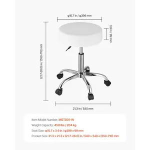 fathersdaygift VEVOR Rolling Stool with Wheels, 450 LBS Weight Capacity Round Rolling Stool Chair, Height Adjustable Thickened PU Leather Swivel Stool for Salon, Spa, Massage, Tattoo, Clinic, White