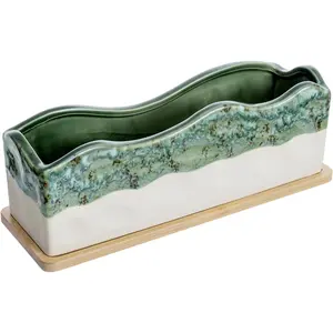 13 Inch Large Rectangular Succulent Planter, Decorative Seafoam Green Glazed Beige Ceramic Indoor  Container Pot with Removable  Tray