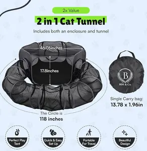 Outdoor Cat Enclosure - Collapsible Pop-Up Pet Tunnel with Travel Bag - Wire Frame, Tearproof & Breathable Mesh, Waterproof Oxford Base - for Cats, Dogs, Rabbits, Ferrets; Small Pet Playpen